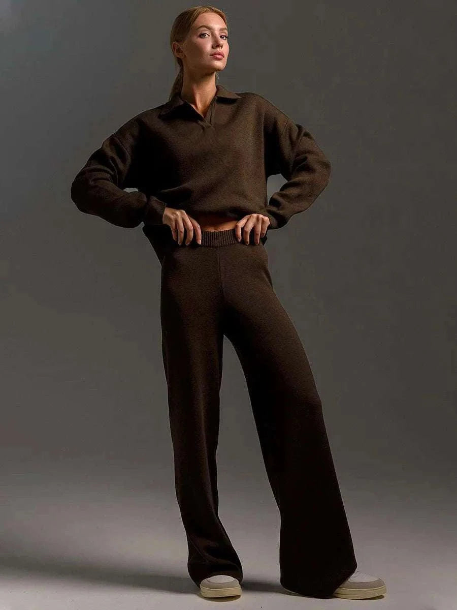 Women’s Cozy Knitted Polo Sweater & Wide Leg Pants Set-