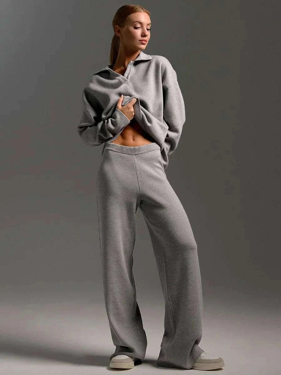 Women’s Cozy Knitted Polo Sweater & Wide Leg Pants Set-