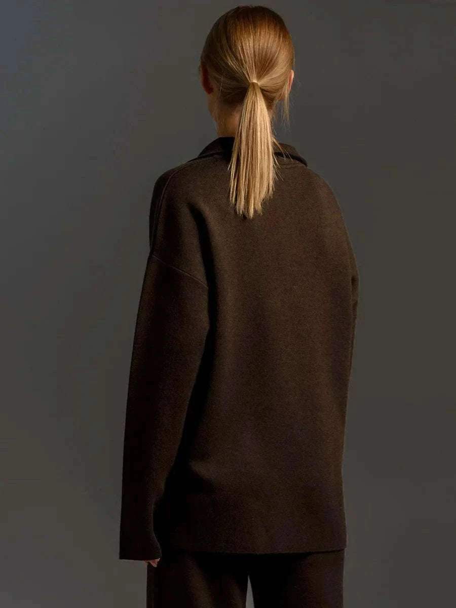 Women’s Cozy Knitted Polo Sweater & Wide Leg Pants Set-
