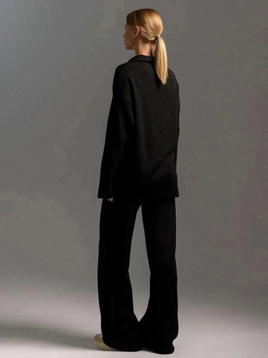 Women’s Cozy Knitted Polo Sweater & Wide Leg Pants Set-White / L