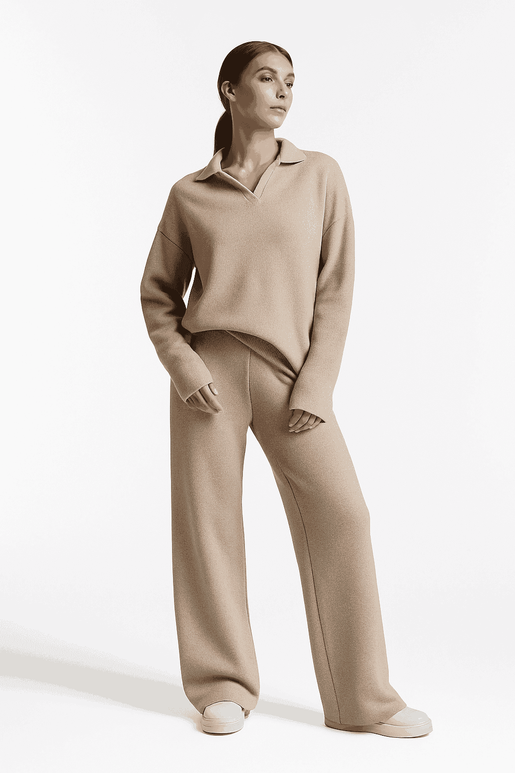 Women’s Cozy Knitted Polo Sweater & Wide Leg Pants Set-White / L