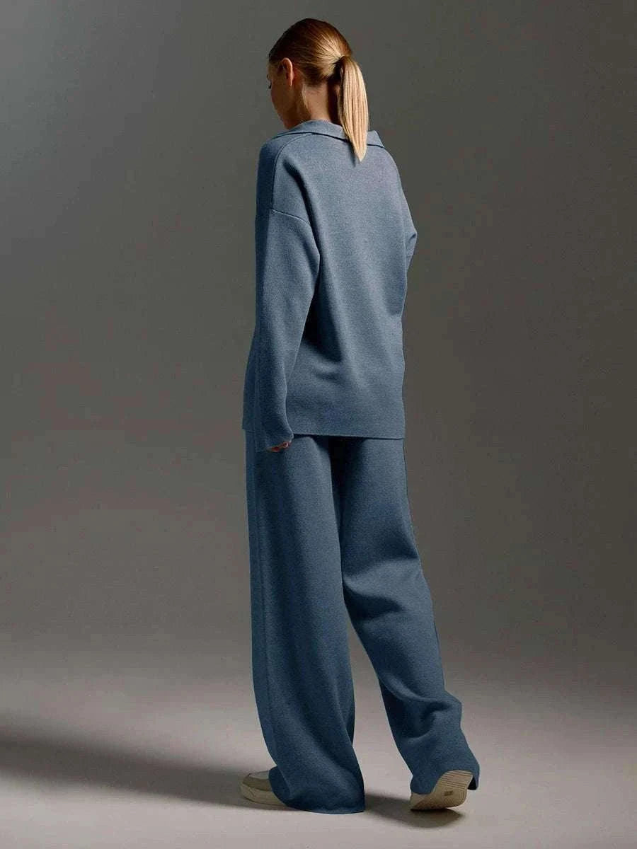 Women’s Cozy Knitted Polo Sweater & Wide Leg Pants Set-White / L
