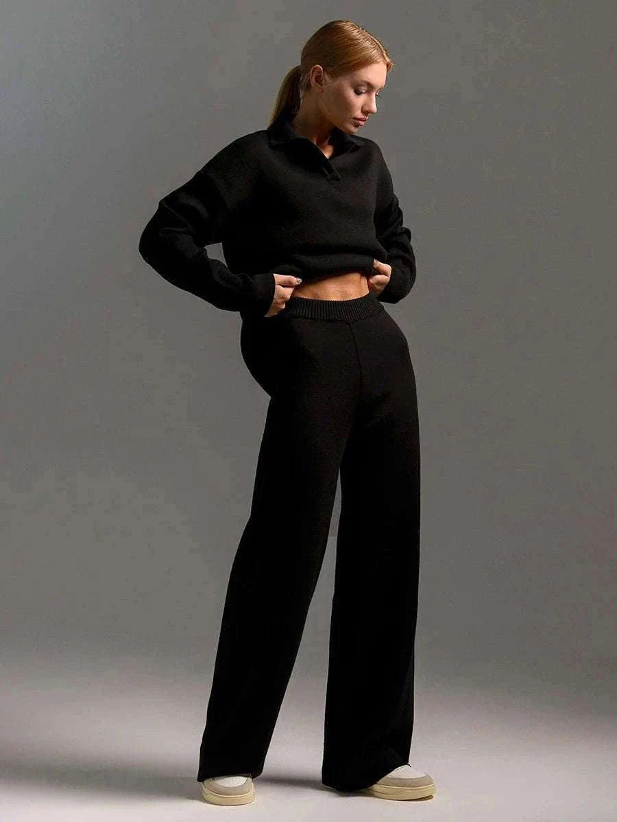 Women’s Cozy Knitted Polo Sweater & Wide Leg Pants Set-White / L