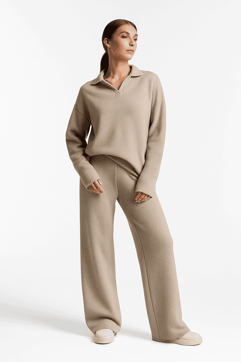 Women’s Cozy Knitted Polo Sweater & Wide Leg Pants Set-White / L