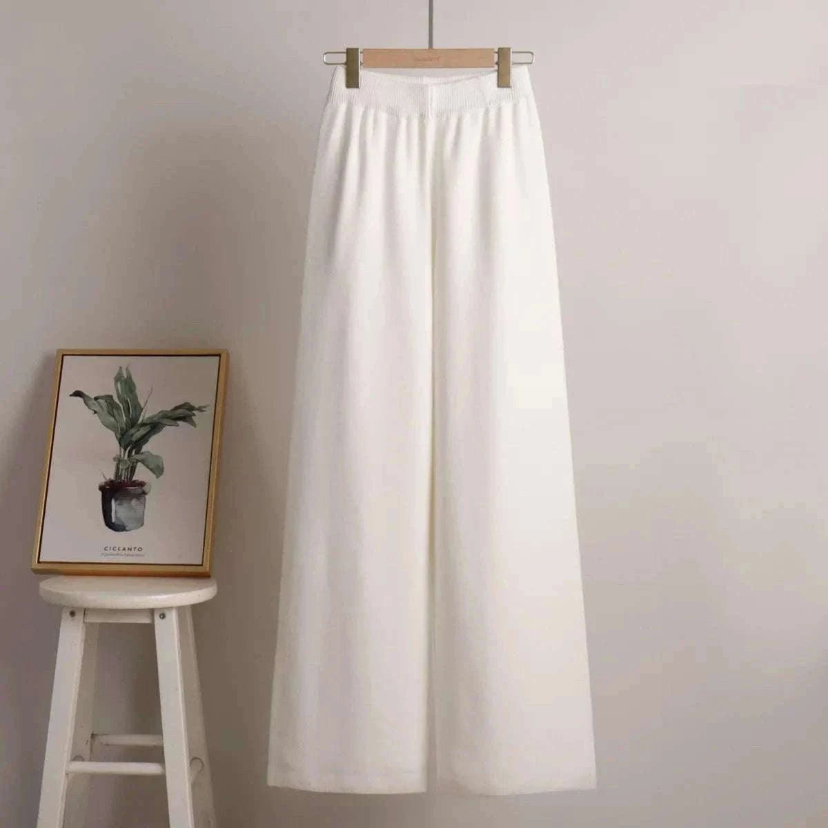 Women’s Cozy Knitted Polo Sweater & Wide Leg Pants Set-White / L