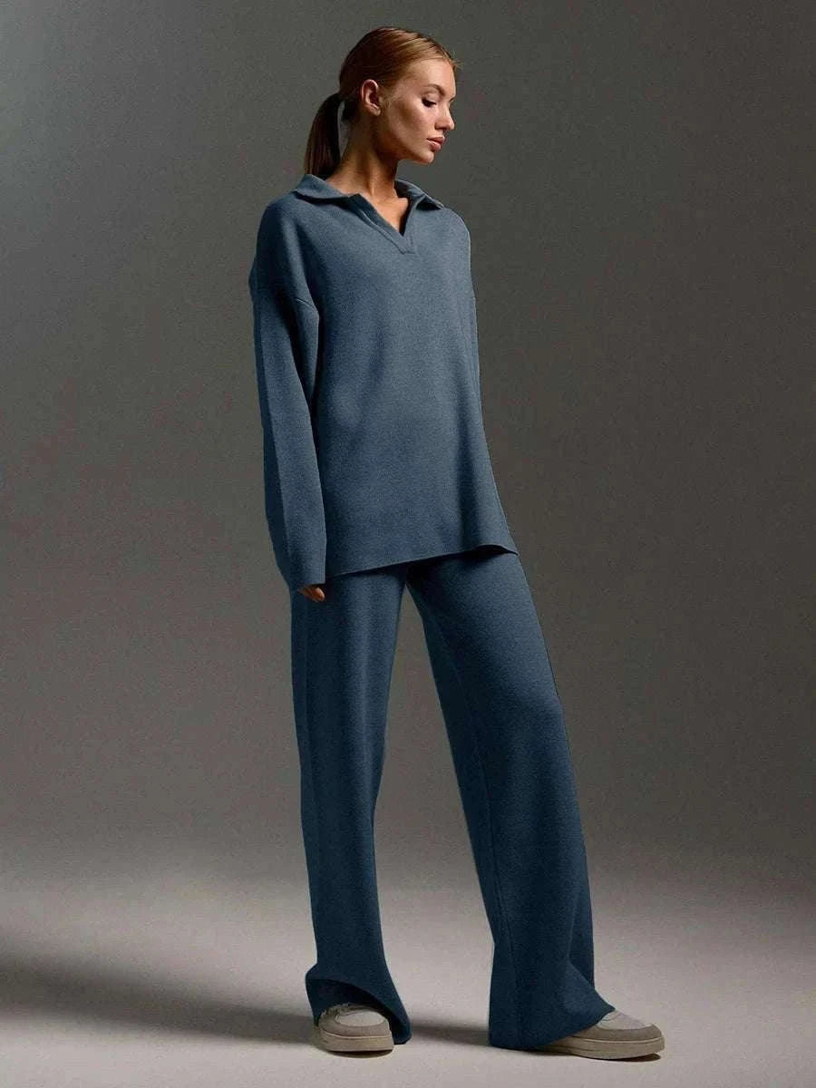 Women’s Cozy Knitted Polo Sweater & Wide Leg Pants Set-White / L