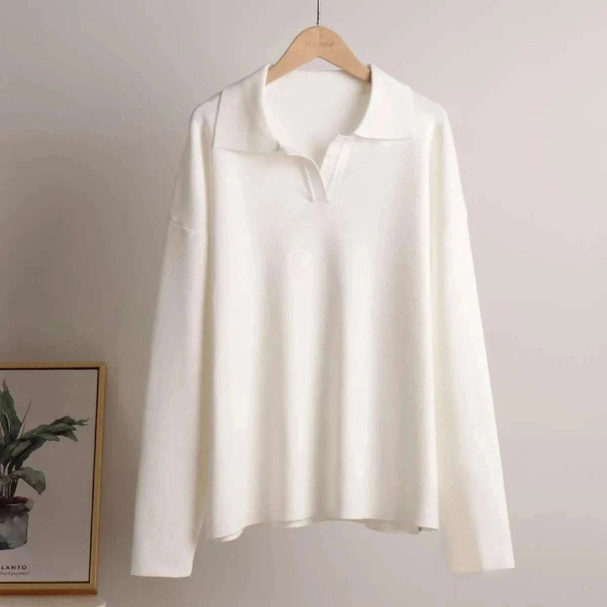 Women’s Cozy Knitted Polo Sweater & Wide Leg Pants Set-White / L
