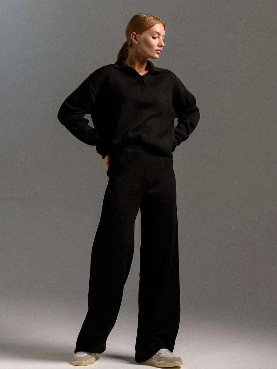 Women’s Cozy Knitted Polo Sweater & Wide Leg Pants Set-White / L