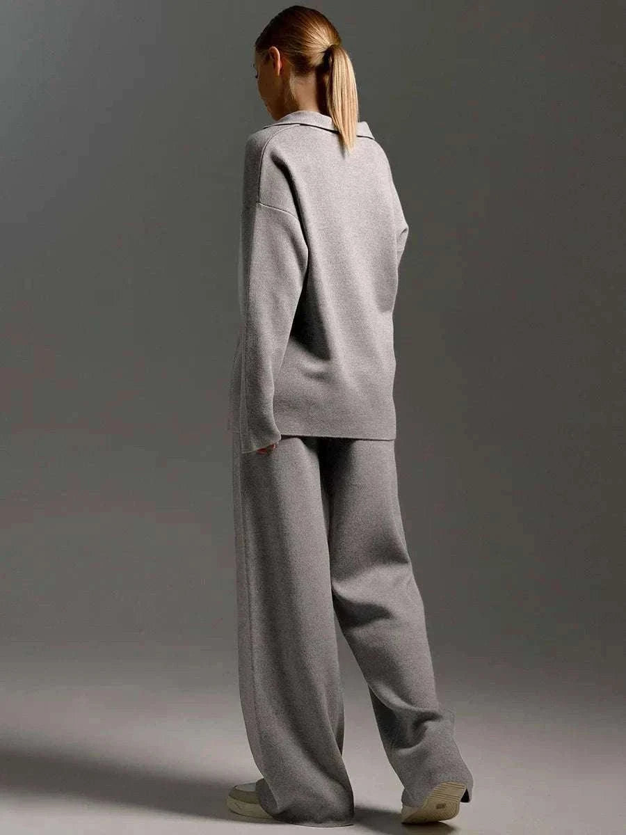 Women’s Cozy Knitted Polo Sweater & Wide Leg Pants Set-White / L