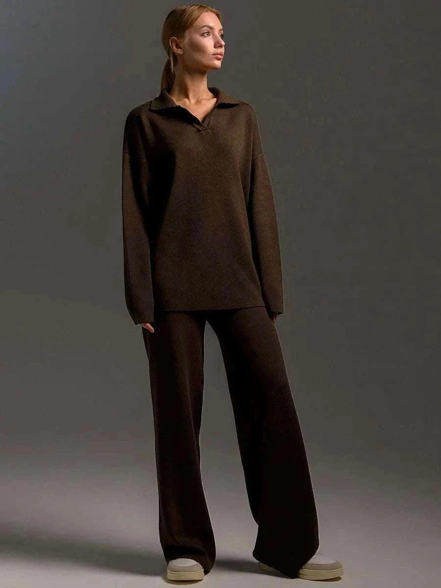 Women’s Cozy Knitted Polo Sweater & Wide Leg Pants Set-White / L