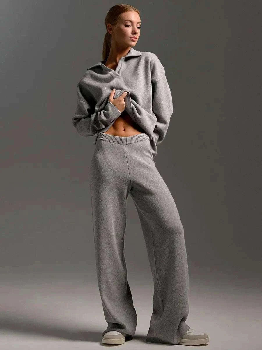 Women’s Cozy Knitted Polo Sweater & Wide Leg Pants Set-White / L