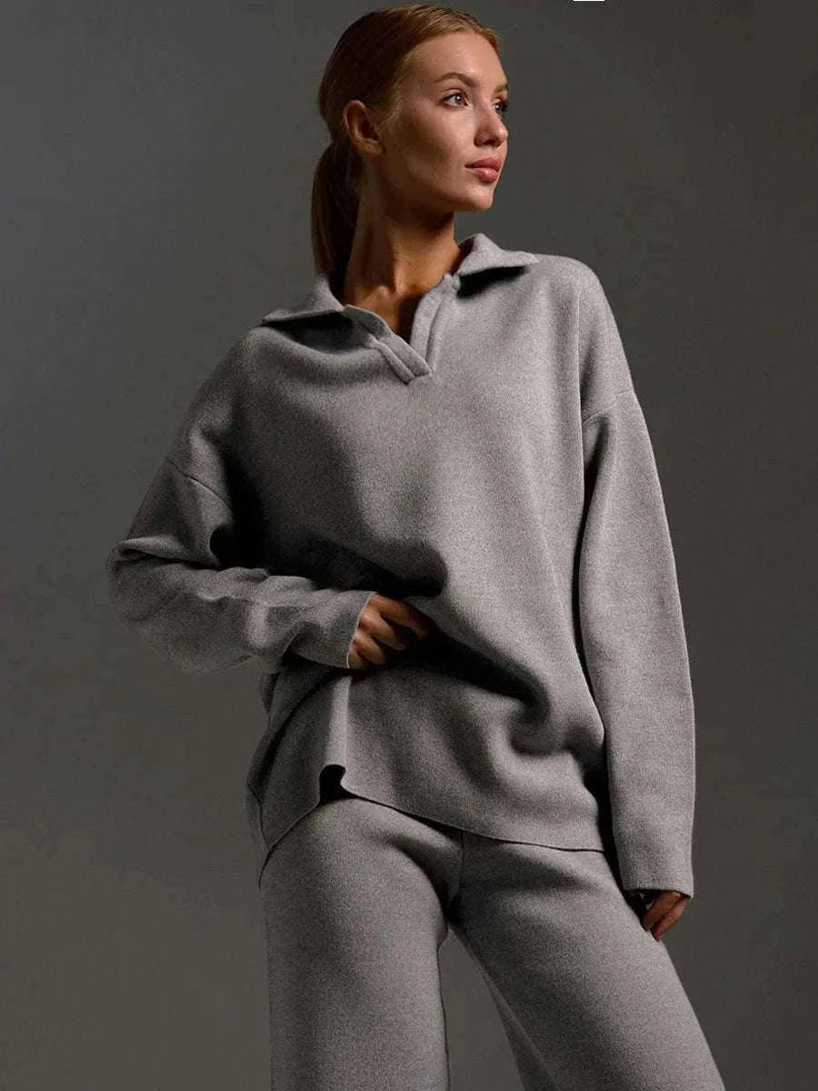 Women’s Cozy Knitted Polo Sweater & Wide Leg Pants Set-White / L