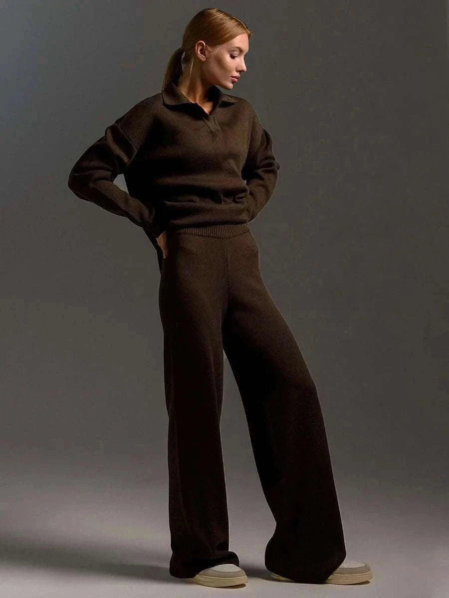 Women’s Cozy Knitted Polo Sweater & Wide Leg Pants Set-White / L