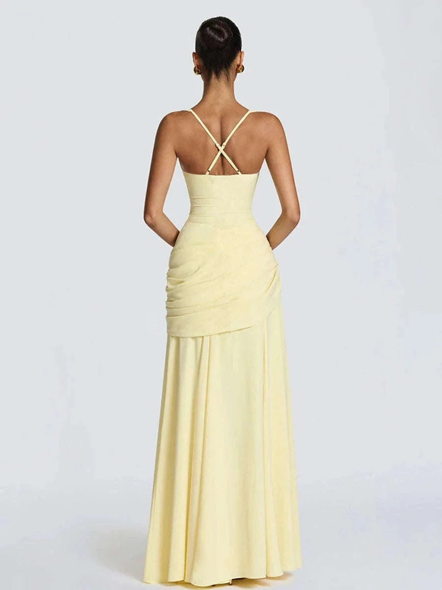 Women’s Elegant Ruched Backless Maxi Dress with Square Neck-Navy Blue / XXL