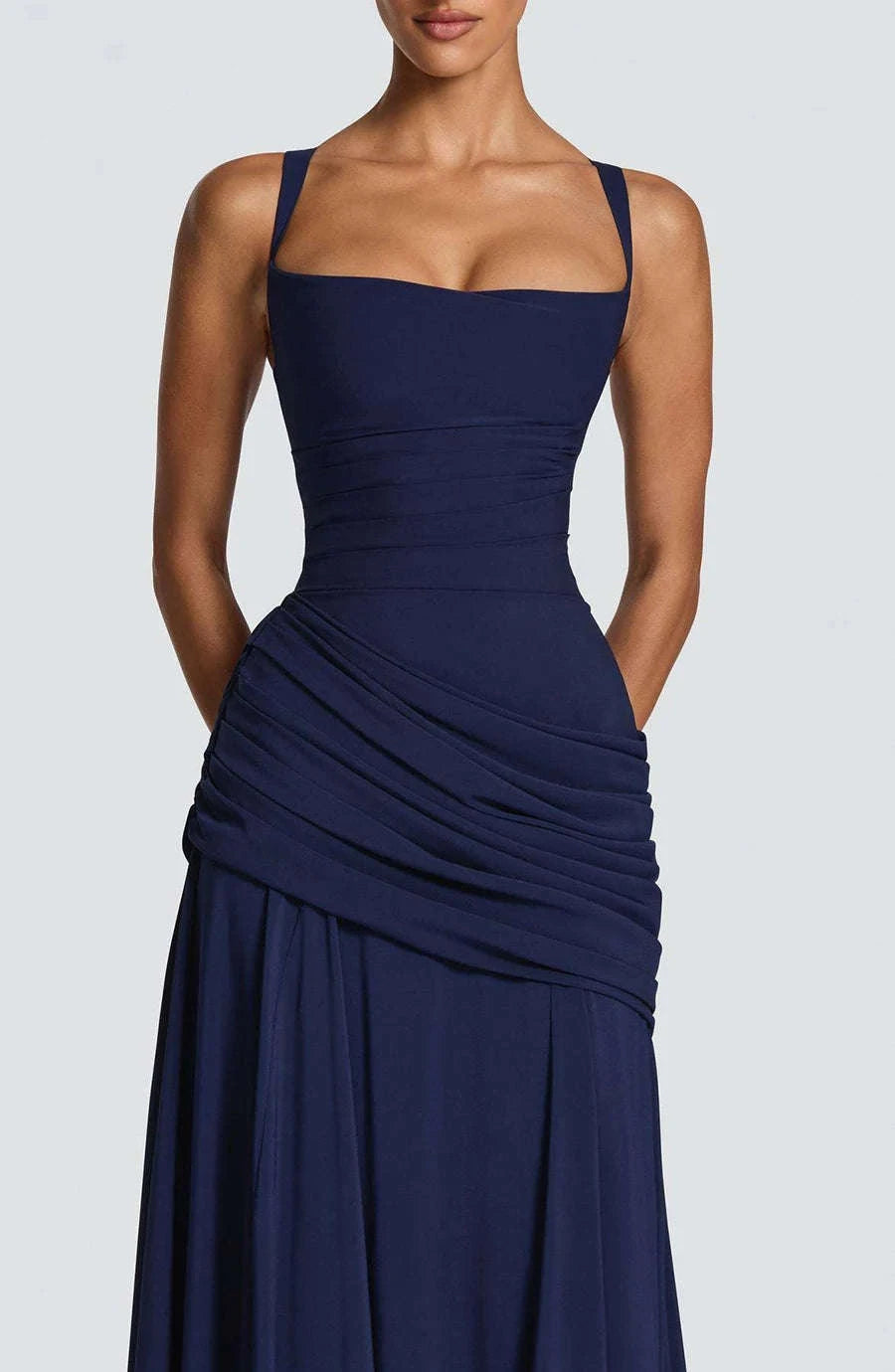 Women’s Elegant Ruched Backless Maxi Dress with Square Neck-Navy Blue / XXL
