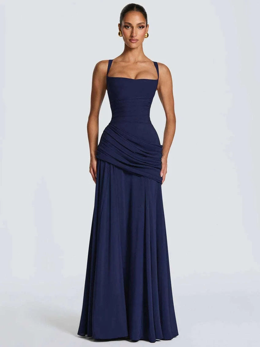 Women’s Elegant Ruched Backless Maxi Dress with Square Neck-Navy Blue / XXL