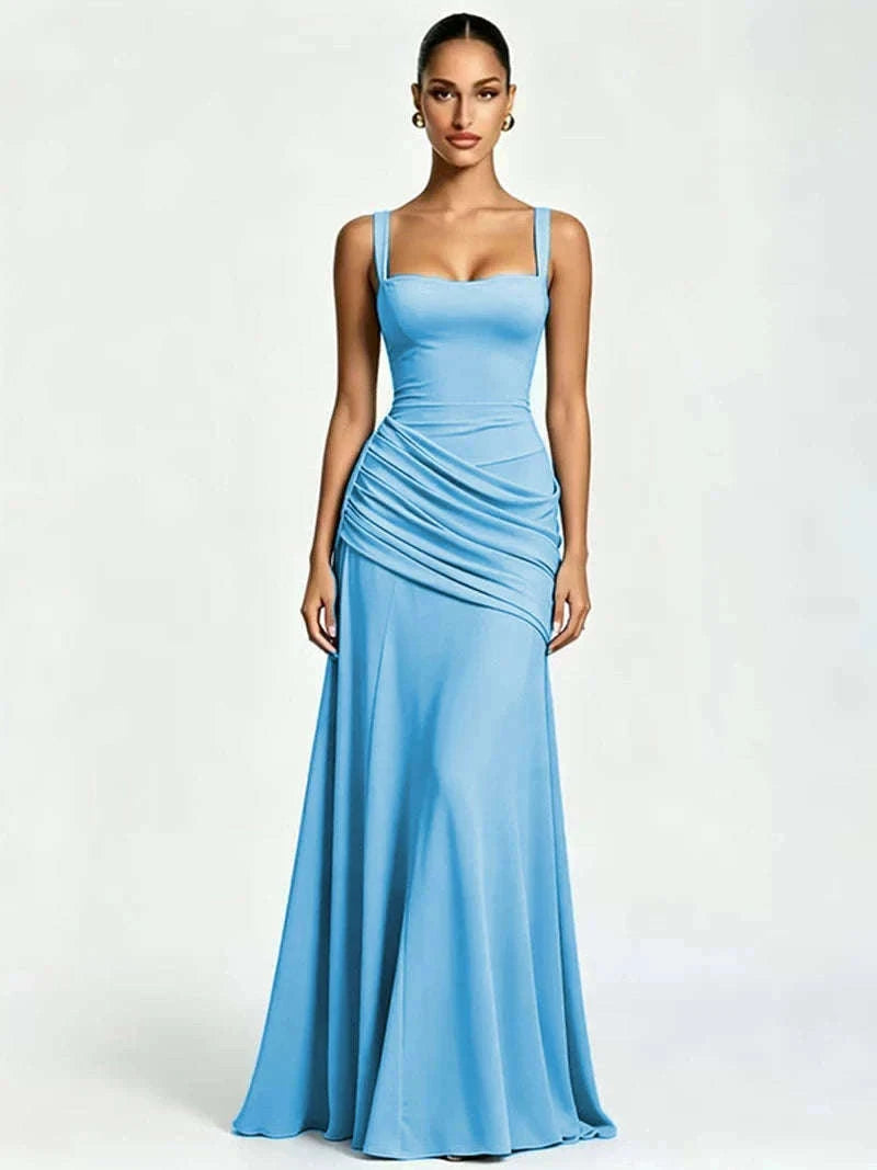 Women’s Elegant Ruched Backless Maxi Dress with Square Neck-Navy Blue / XXL