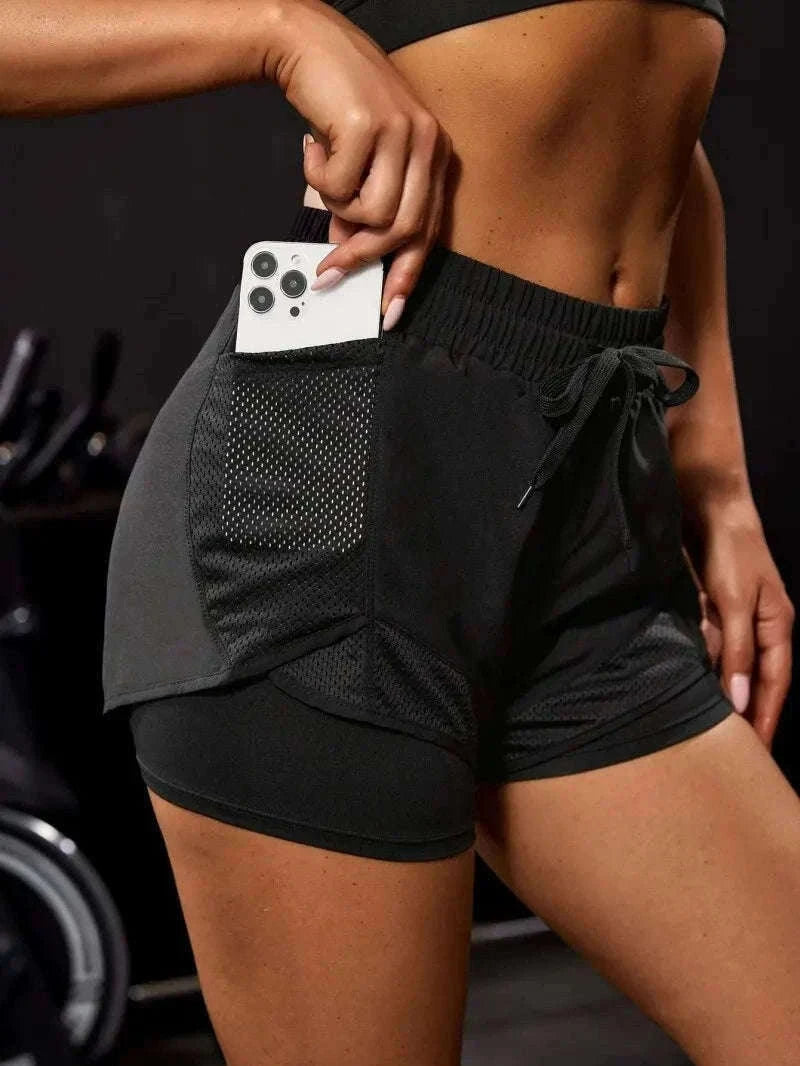 Women’s Fake Two-Piece Yoga Leggings with Pockets-S / black