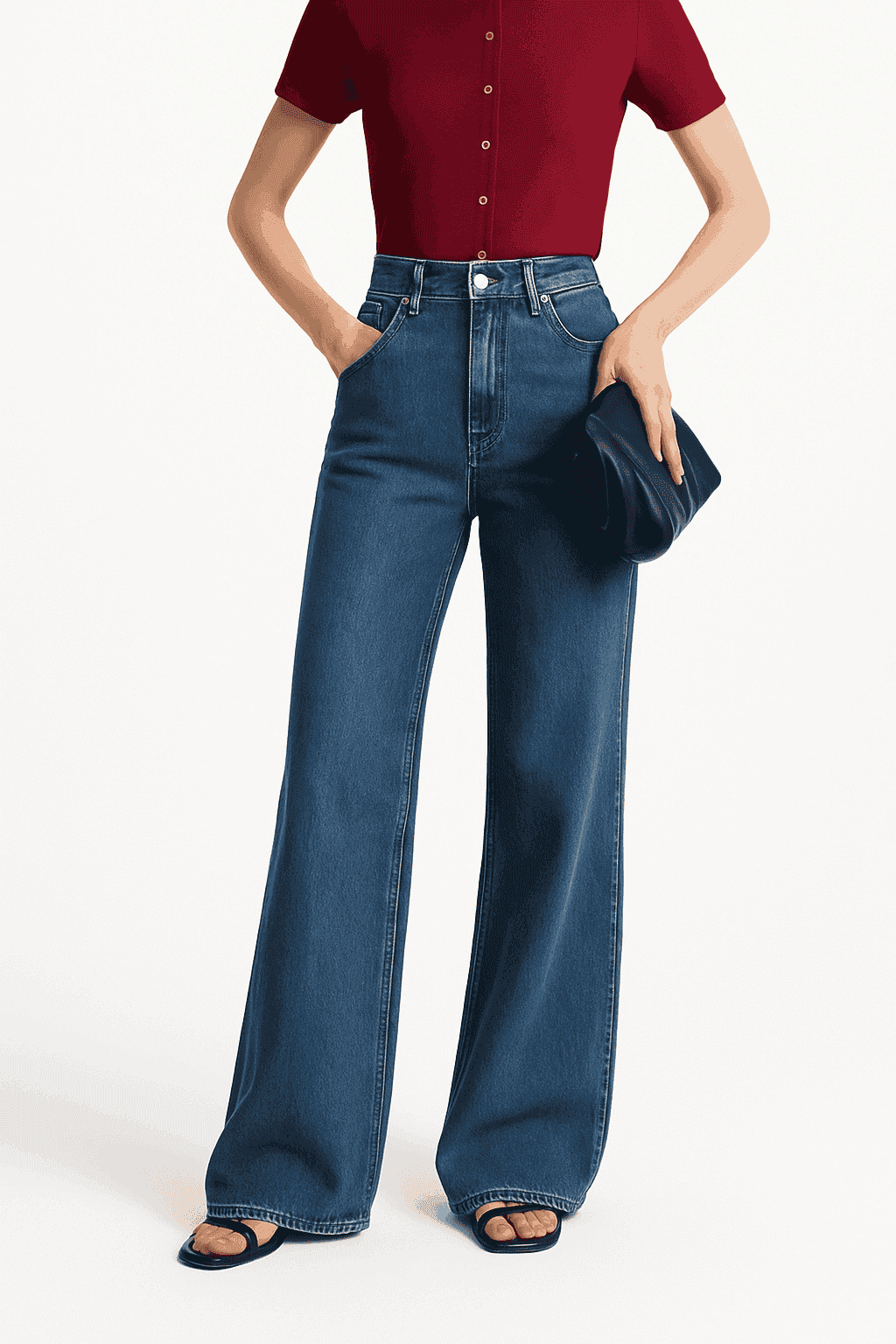 Women's Flared Jeans High-Waist Cotton Denim Retro Wide Leg Pants-Deep denim blue / S