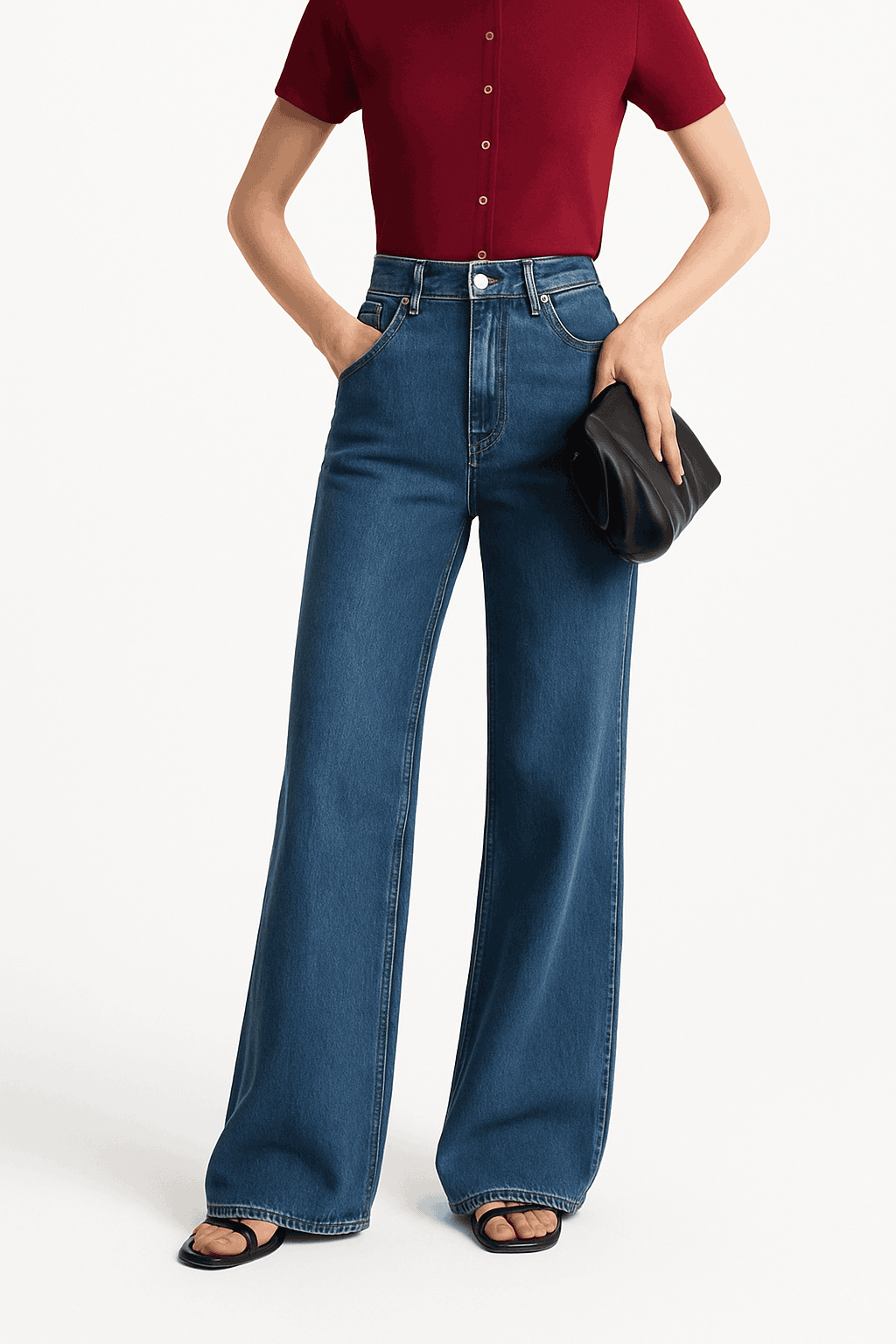 Women's Flared Jeans High-Waist Cotton Denim Retro Wide Leg Pants-Deep denim blue / S