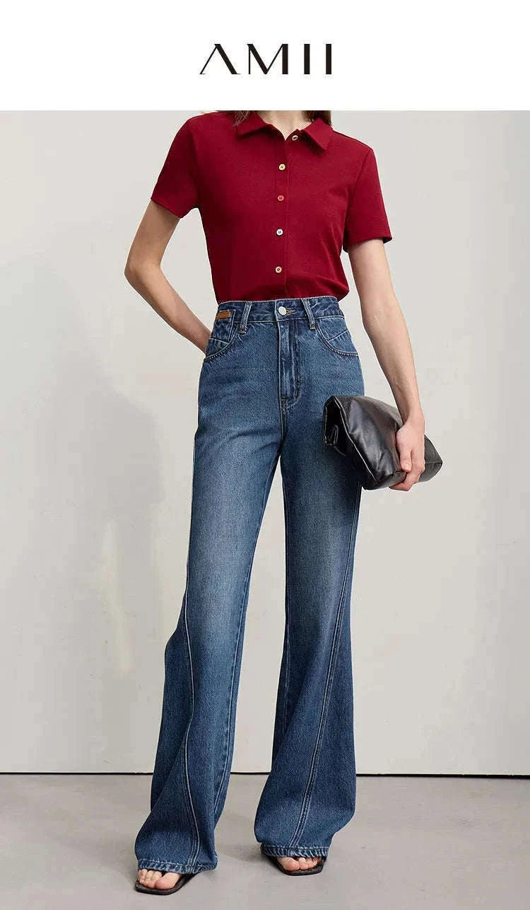 Women's Flared Jeans High-Waist Cotton Denim Retro Wide Leg Pants-Deep denim blue / S