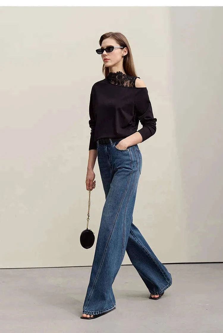 Women's Flared Jeans High-Waist Cotton Denim Retro Wide Leg Pants-Deep denim blue / S