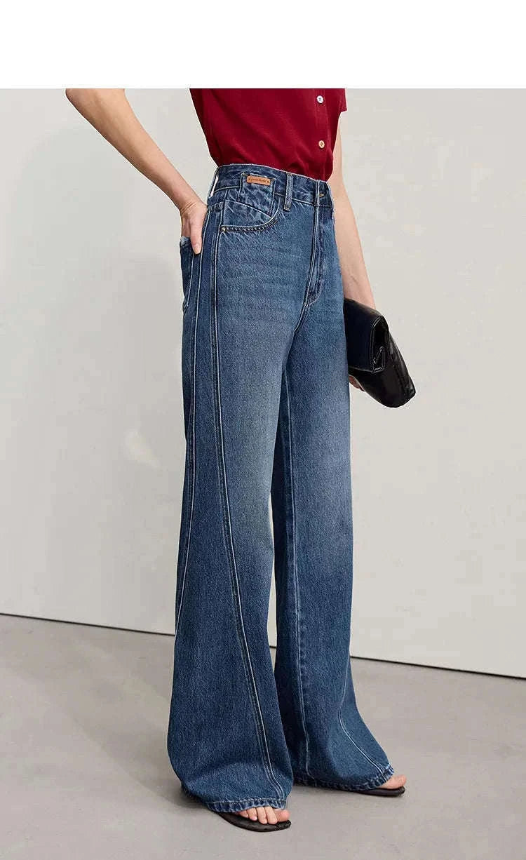 Women's Flared Jeans High-Waist Cotton Denim Retro Wide Leg Pants-Deep denim blue / S