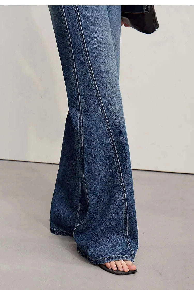 Women's Flared Jeans High-Waist Cotton Denim Retro Wide Leg Pants-Deep denim blue / S
