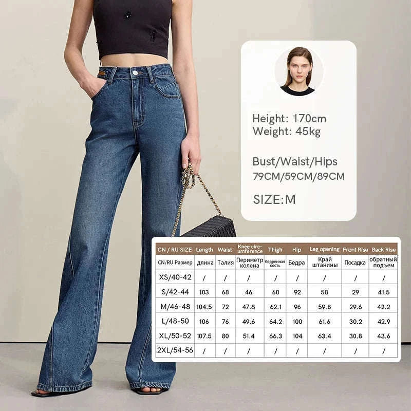 Women's Flared Jeans High-Waist Cotton Denim Retro Wide Leg Pants-Deep denim blue / S
