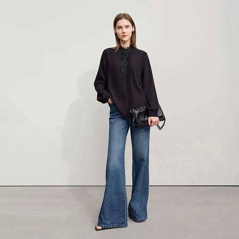 Women's Flared Jeans High-Waist Cotton Denim Retro Wide Leg Pants-Deep denim blue / S