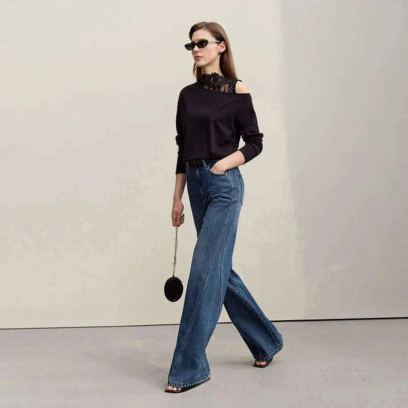Women's Flared Jeans High-Waist Cotton Denim Retro Wide Leg Pants-Deep denim blue / S
