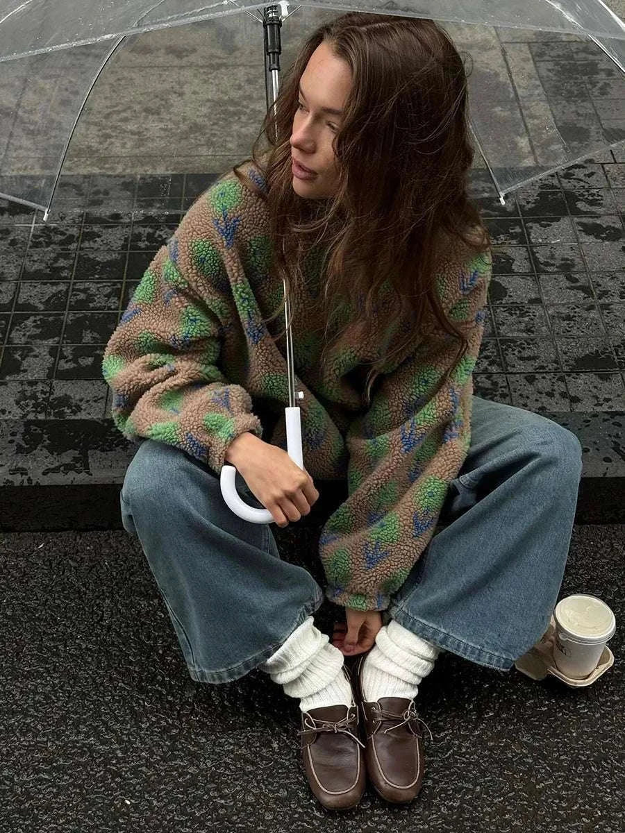 Women’s Fleece Half-Zip Sweatshirt Loose Fit Jacquard Pullover-Green / S