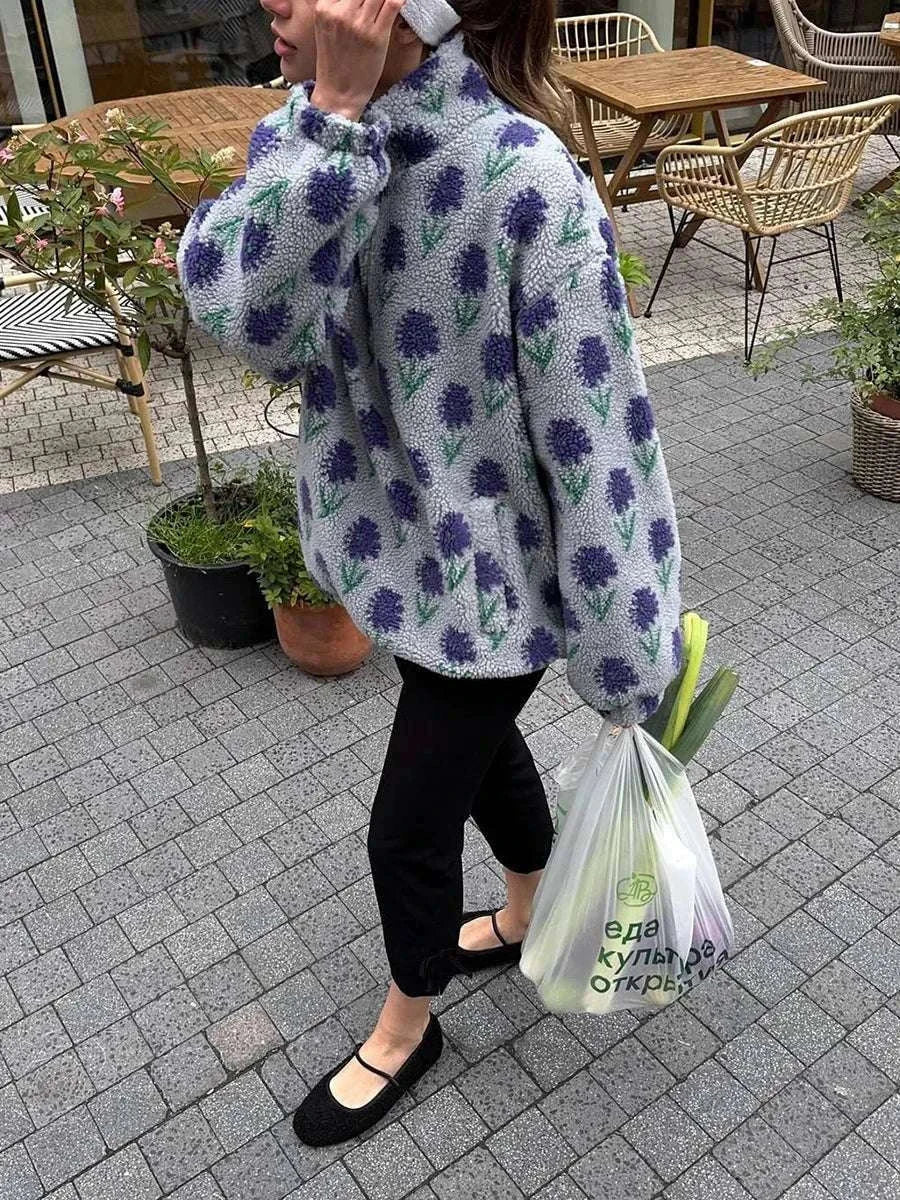 Women’s Fleece Half-Zip Sweatshirt Loose Fit Jacquard Pullover-Green / S