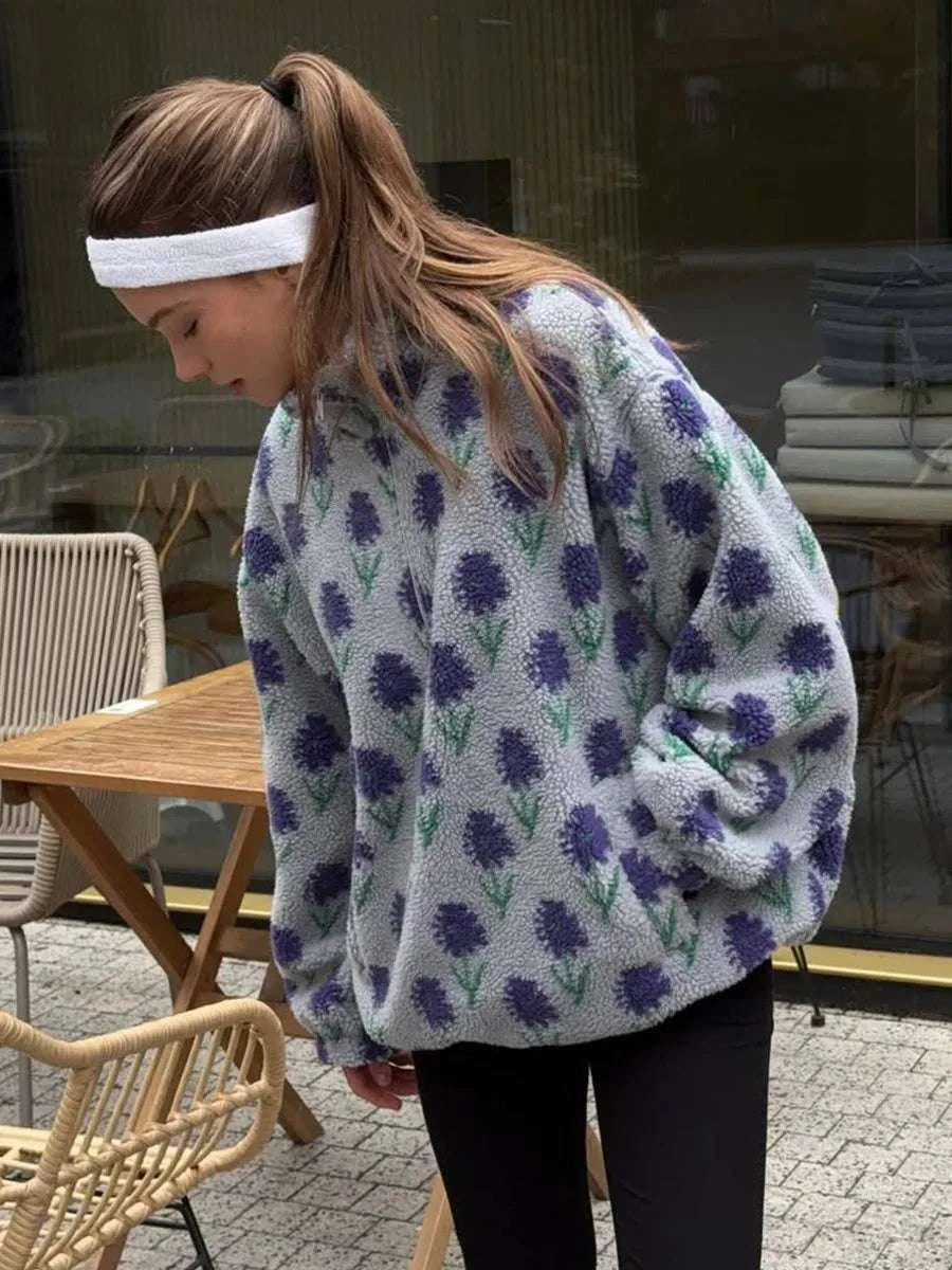 Women’s Fleece Half-Zip Sweatshirt Loose Fit Jacquard Pullover-Green / S