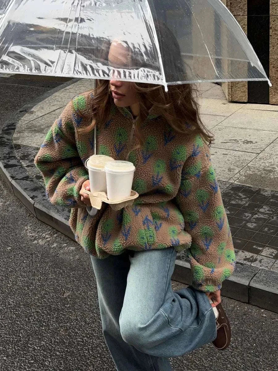 Women’s Fleece Half-Zip Sweatshirt Loose Fit Jacquard Pullover-Green / S