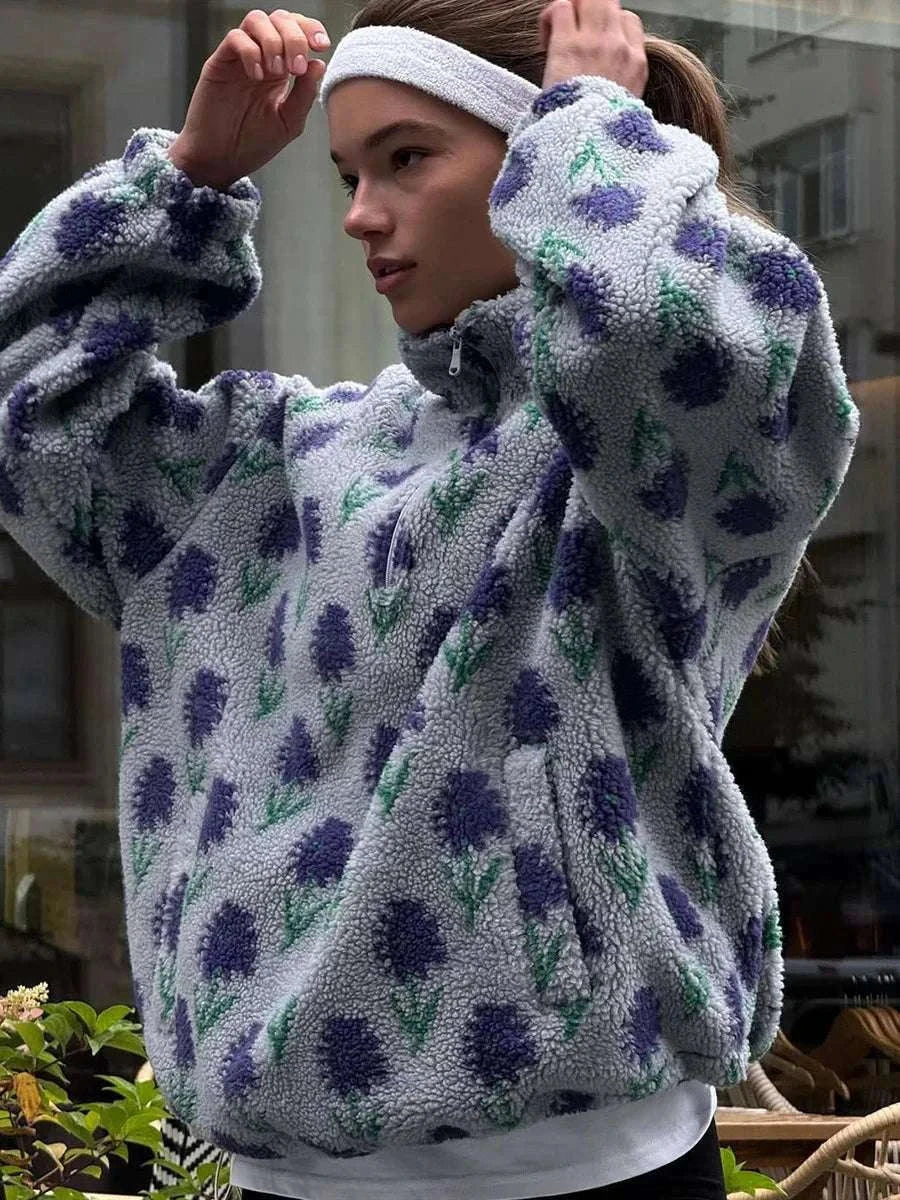 Women’s Fleece Half-Zip Sweatshirt Loose Fit Jacquard Pullover-Green / S