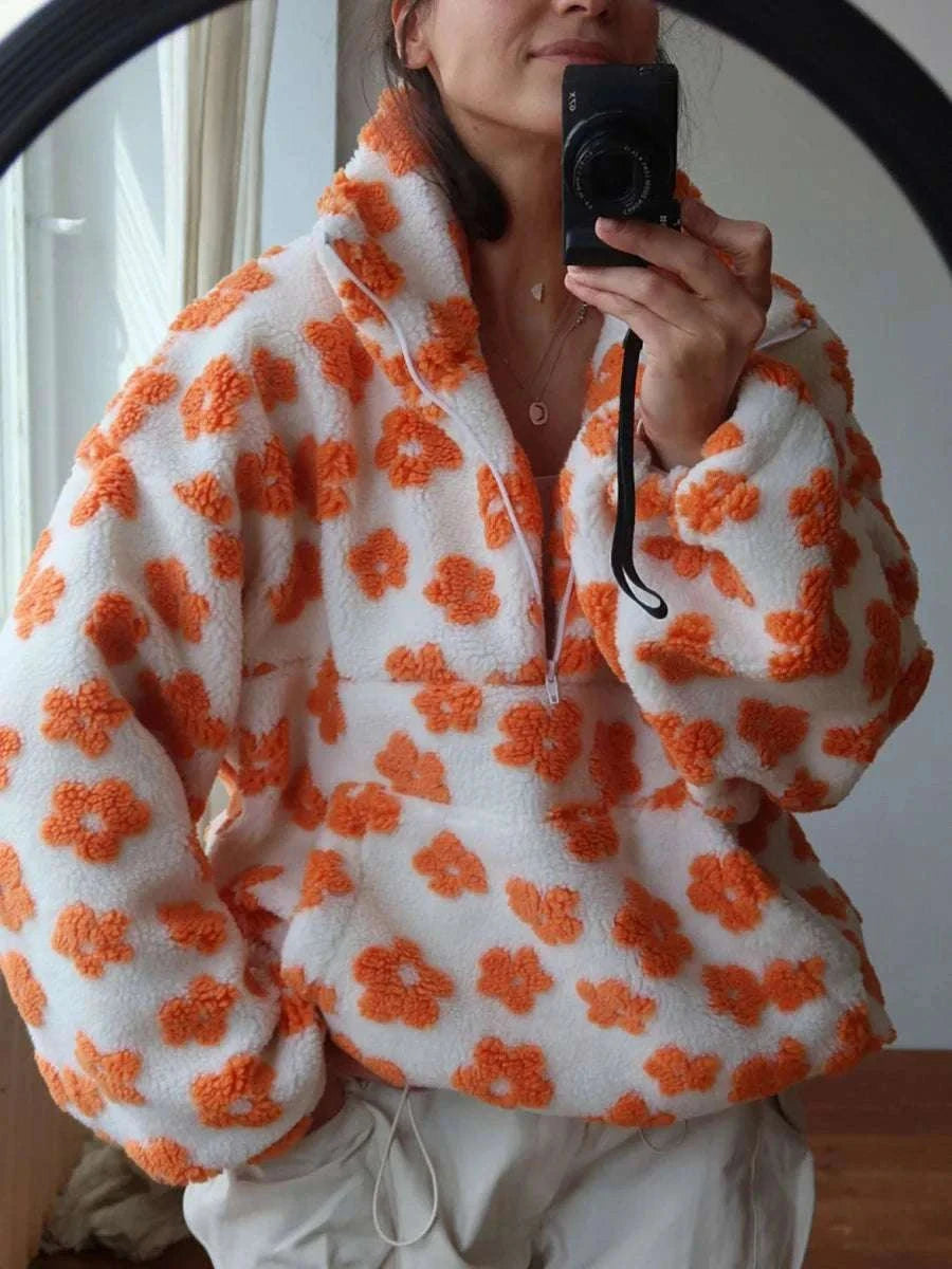 Women's Floral Sherpa Half Zip Pullover – Cozy Loose Fit Sweatshirt-Coffee / XL