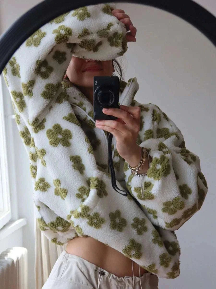 Women's Floral Sherpa Half Zip Pullover – Cozy Loose Fit Sweatshirt-Coffee / XL