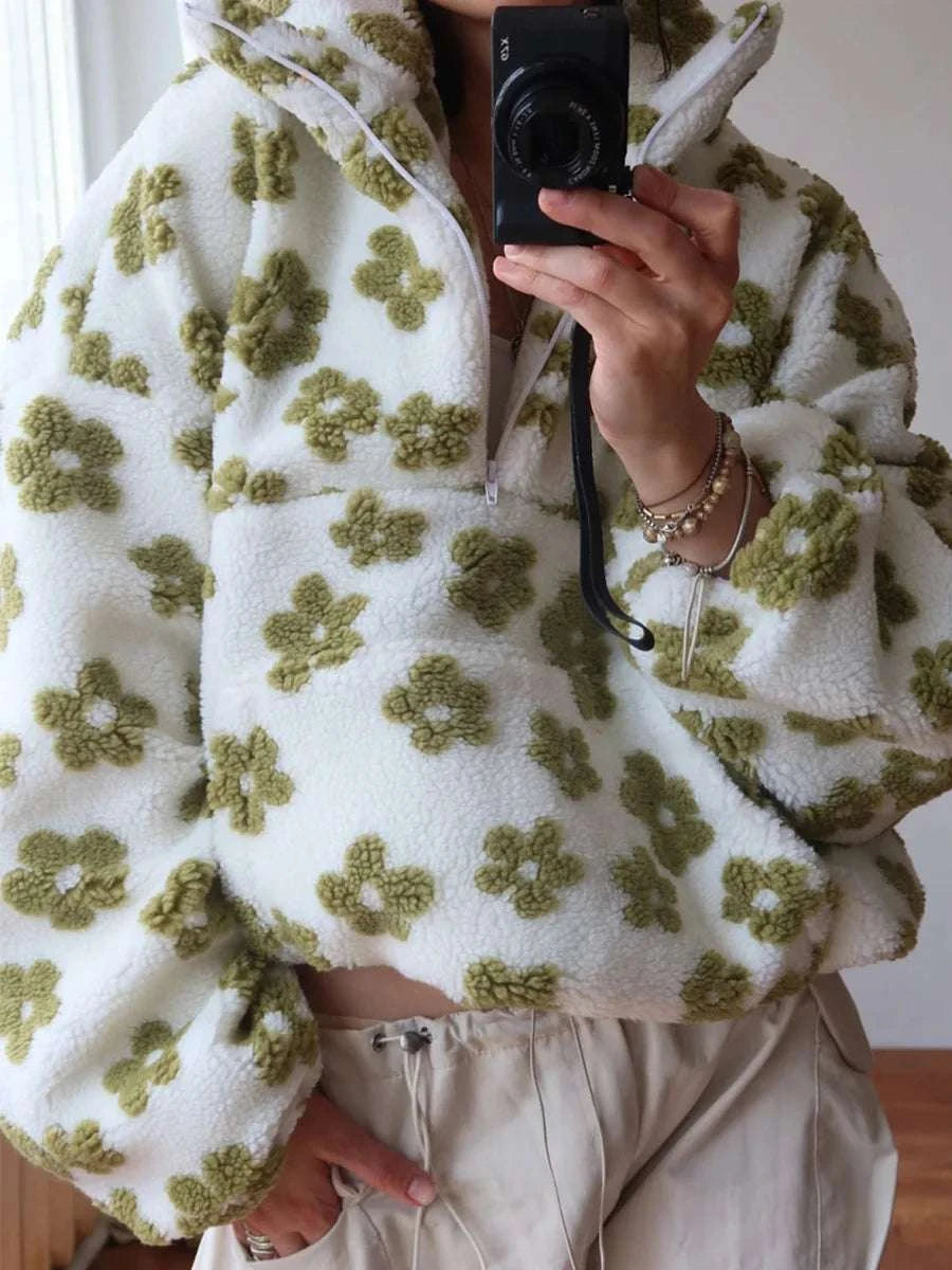 Women's Floral Sherpa Half Zip Pullover – Cozy Loose Fit Sweatshirt-Coffee / XL