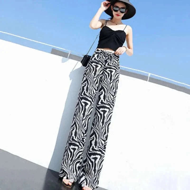 Women’s Floral Wide Leg Drawstring Pants with High Waist-aixinyinhua / L(42.5-55)KG