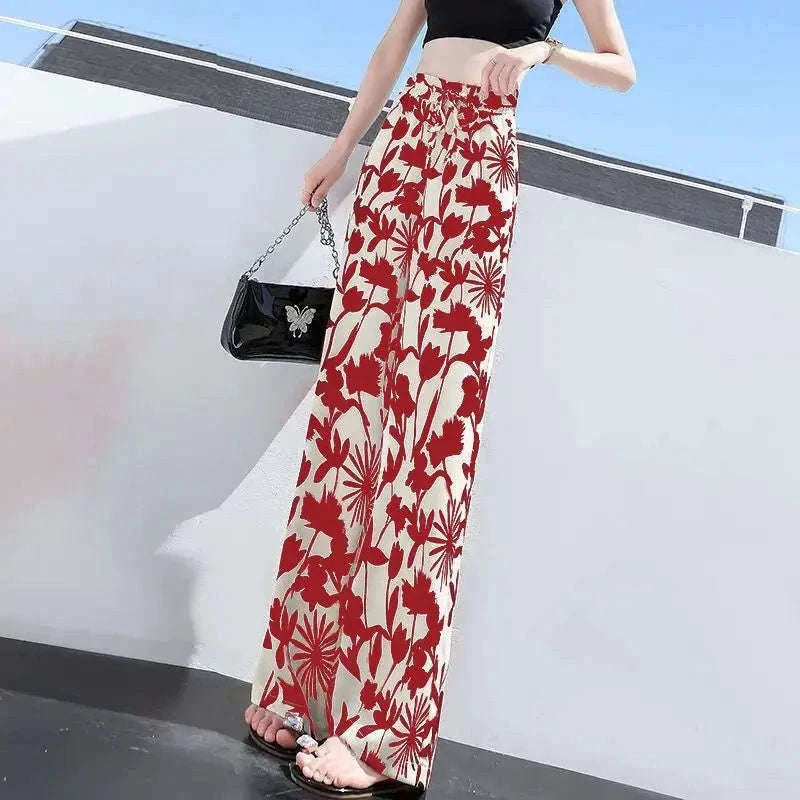 Women’s Floral Wide Leg Drawstring Pants with High Waist-aixinyinhua / L(42.5-55)KG