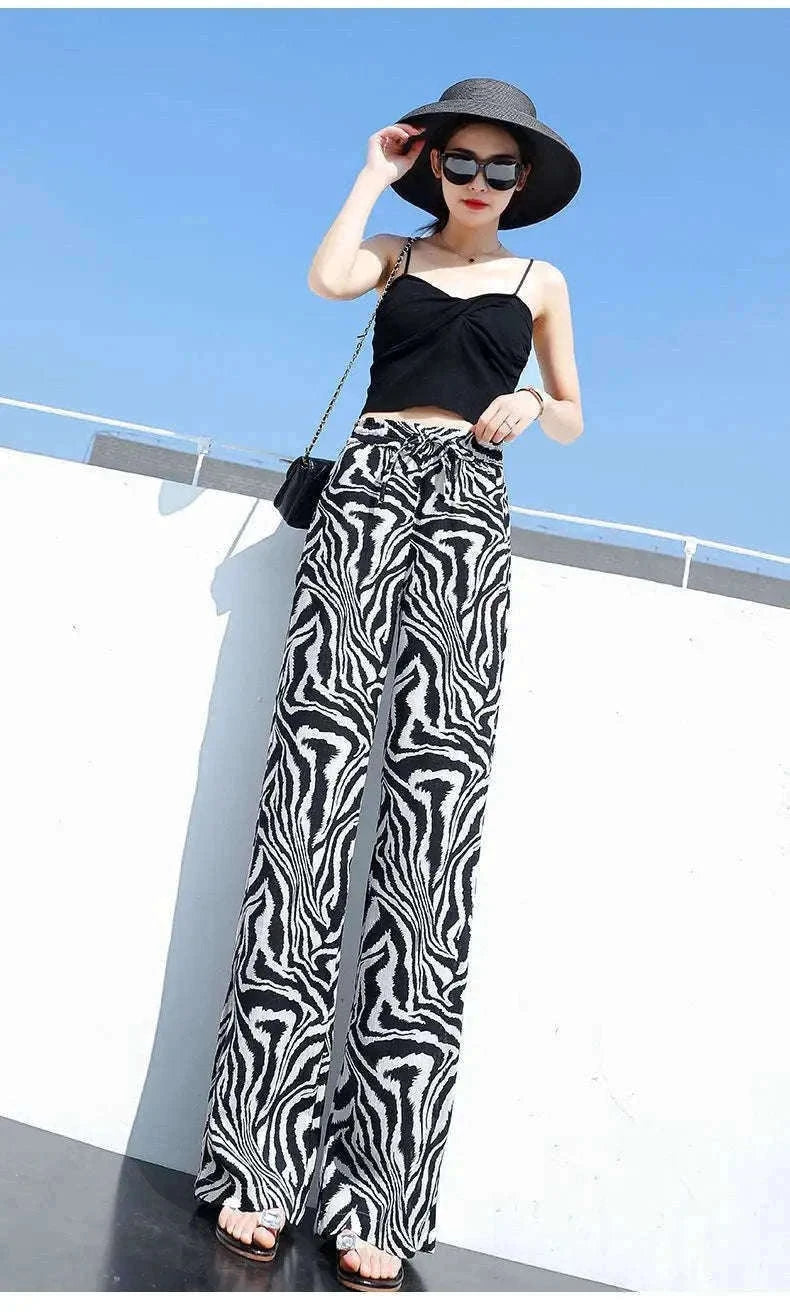 Women’s Floral Wide Leg Drawstring Pants with High Waist-aixinyinhua / L(42.5-55)KG