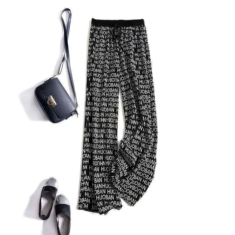 Women’s Floral Wide Leg Drawstring Pants with High Waist-aixinyinhua / L(42.5-55)KG