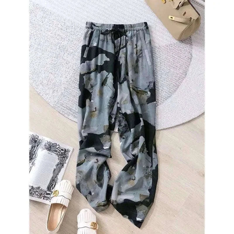 Women’s Floral Wide Leg Drawstring Pants with High Waist-aixinyinhua / L(42.5-55)KG