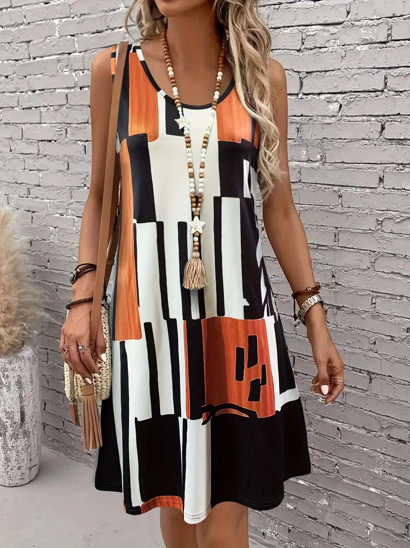 Women’s Geometric Pattern Sleeveless Dress – Bohemian Midi-Chocolate / XL / CHINA