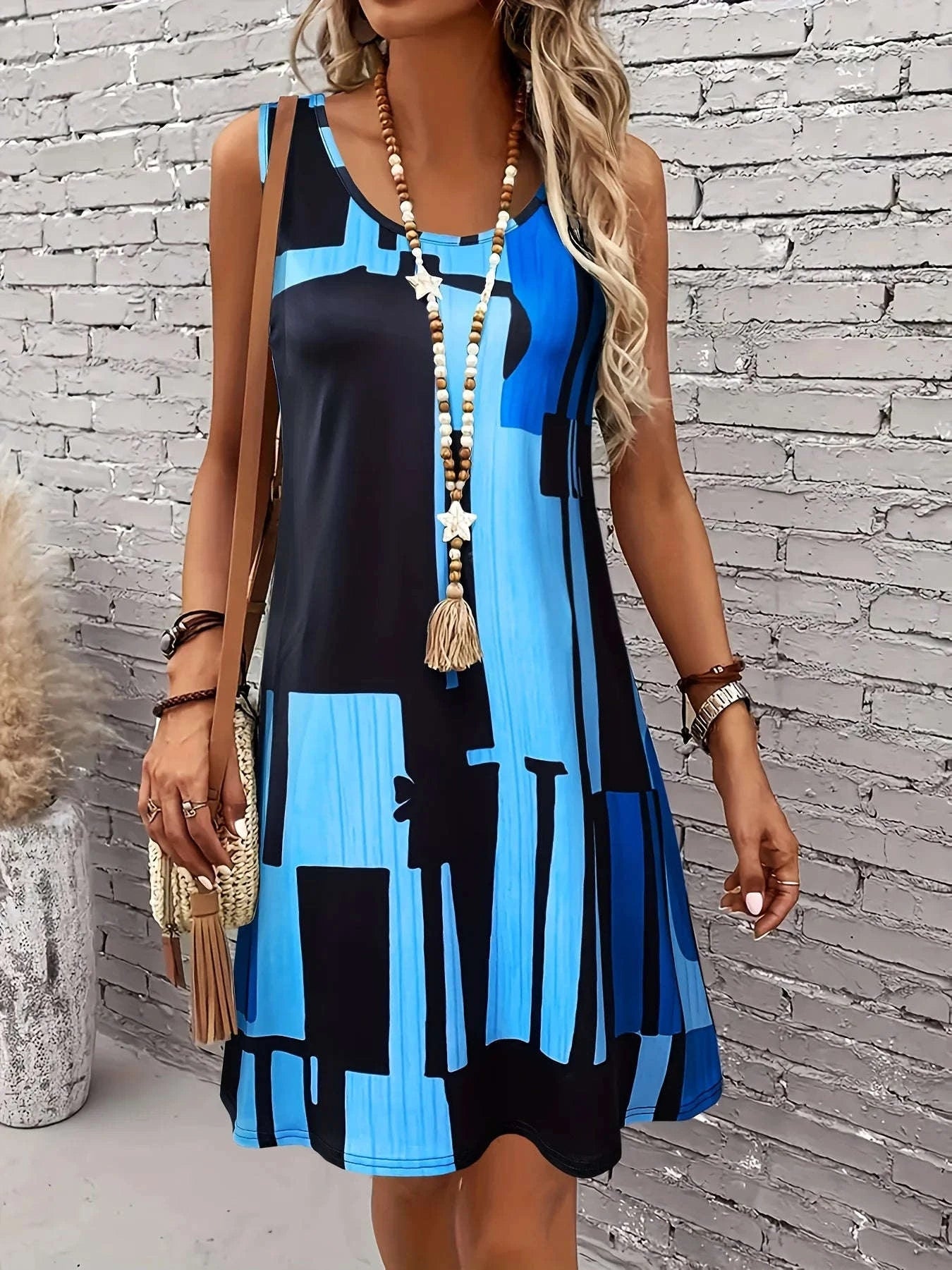 Women’s Geometric Pattern Sleeveless Dress – Bohemian Midi-Chocolate / XL / CHINA