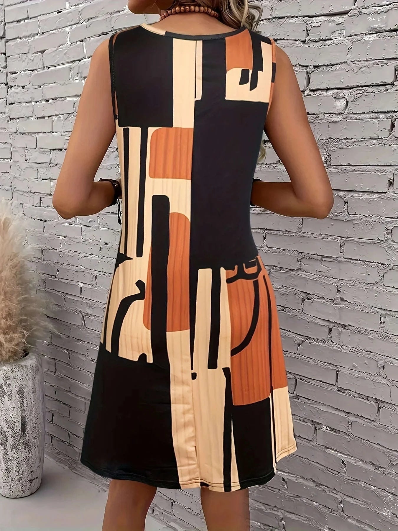 Women’s Geometric Pattern Sleeveless Dress – Bohemian Midi-Chocolate / XL / CHINA