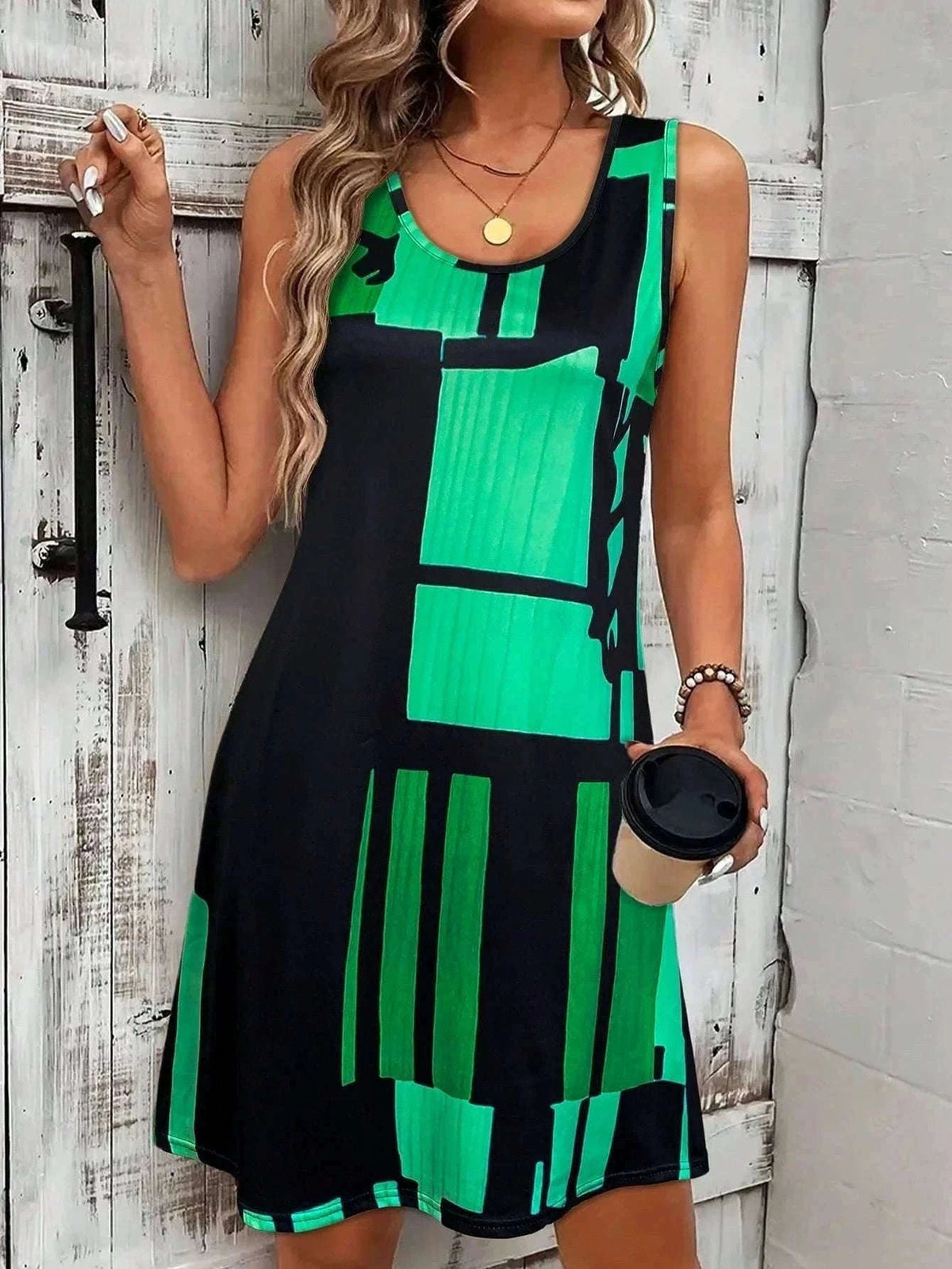 Women’s Geometric Pattern Sleeveless Summer Dress-FM 6162 / S
