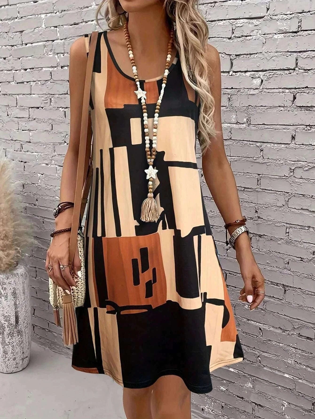 Women’s Geometric Pattern Sleeveless Summer Dress-FM 6162 / S