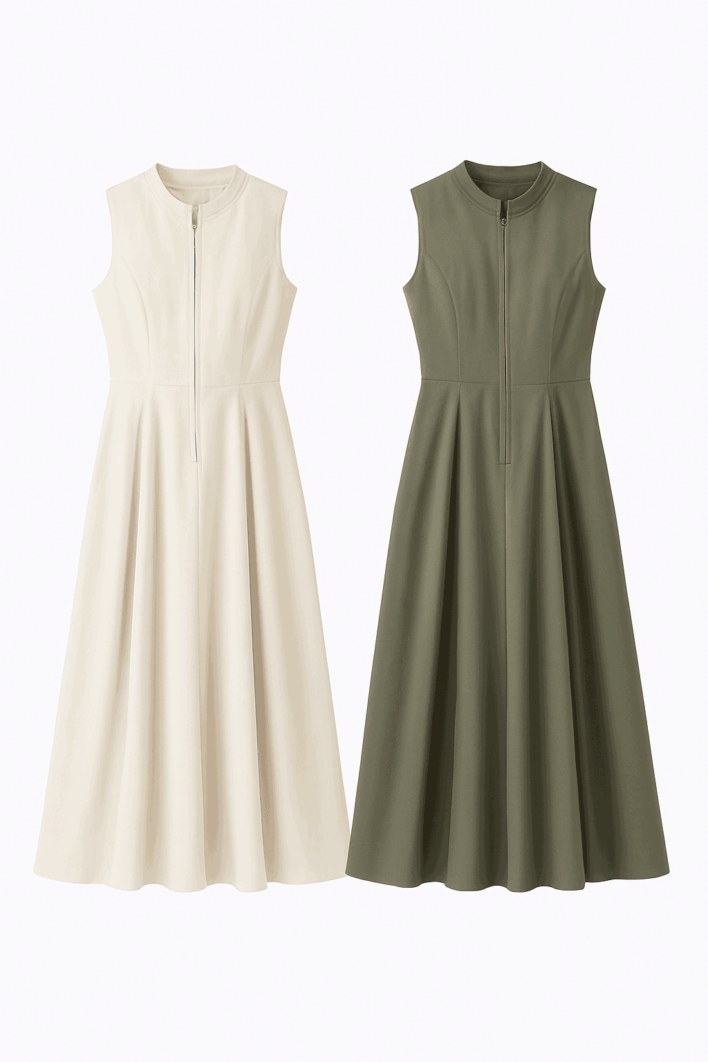 Women’s Geometric Sleeveless Midi Dress with Pleated Skirt-Beige / S
